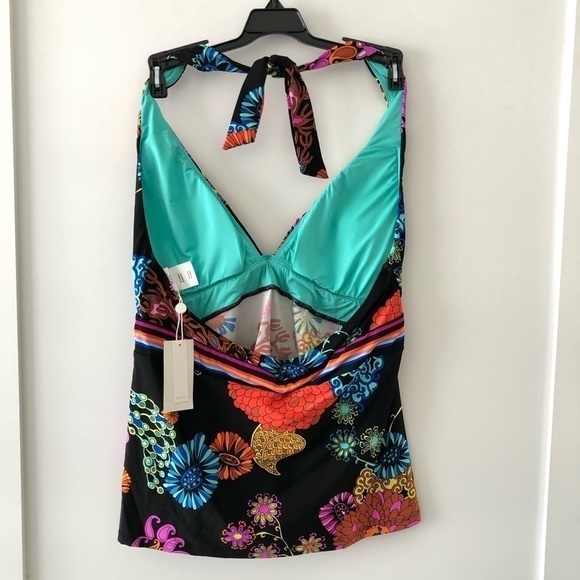 Trina Turk Floral Black Halter Tankini Swimsuit 12 - Picture 4 of 7